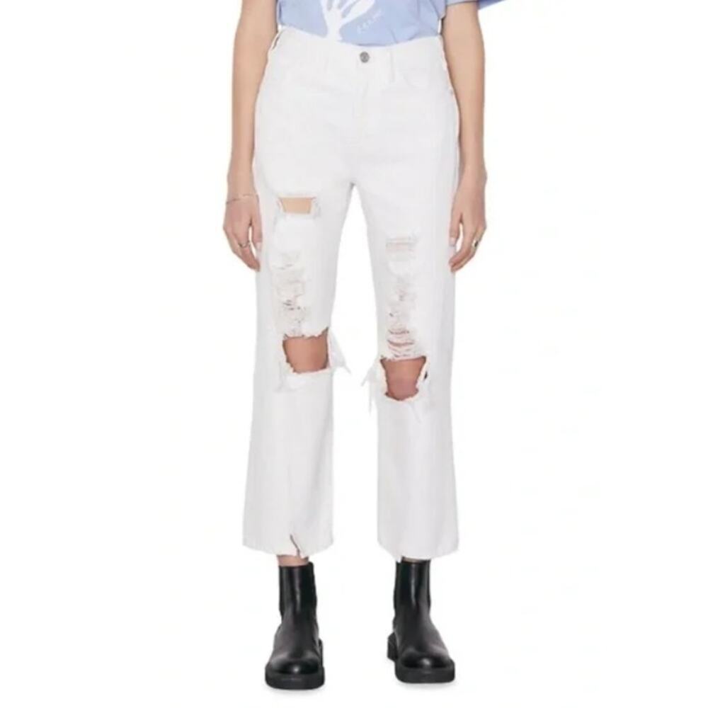 Frame Denim Le Jane Crop Jeans Distressed Straight Leg High Rise White Size 27 - Picture 2 of 13